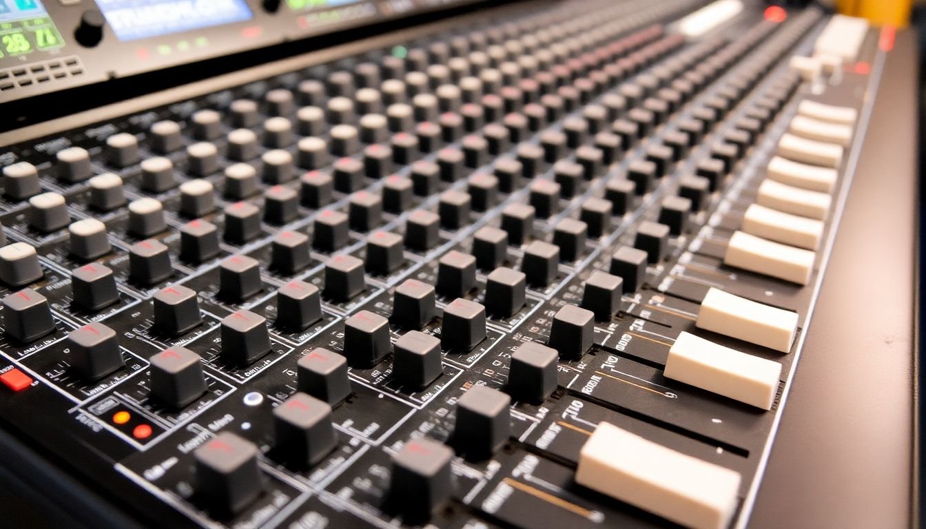 A mixing console with various faders and knobs, representing the complexity and control offered by multitrack mixing.