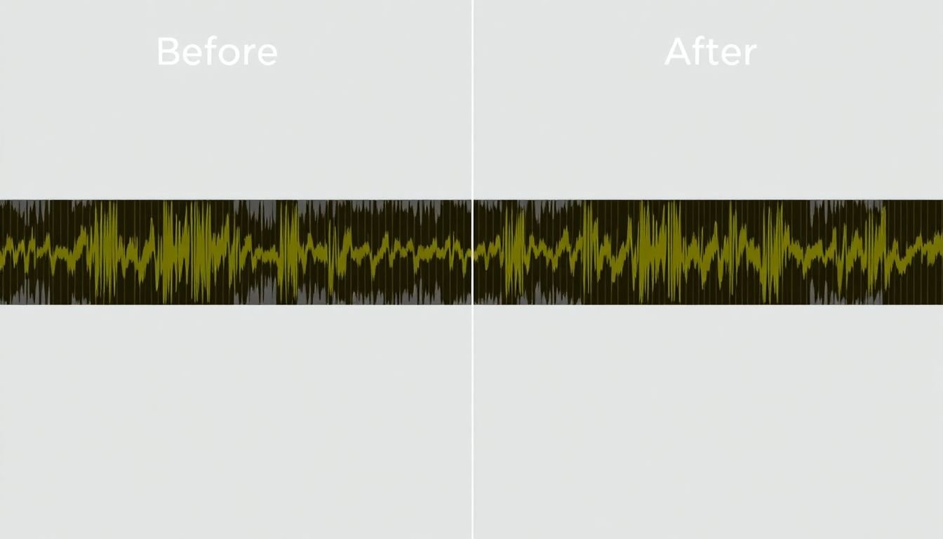 A before-and-after comparison of an audio waveform, showing the improvements made through editing techniques.