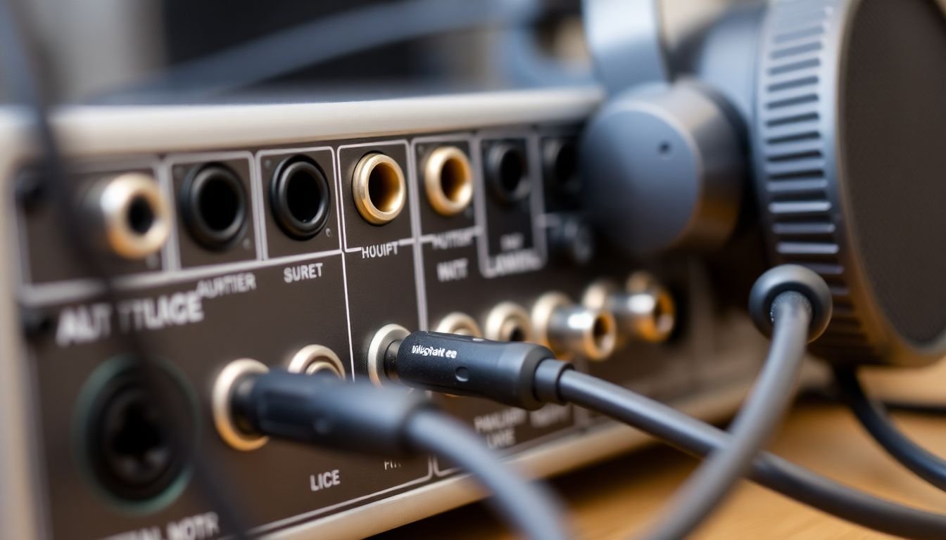 A close-up shot of an audio interface with various input and output jacks, cables connected to a microphone and headphones.