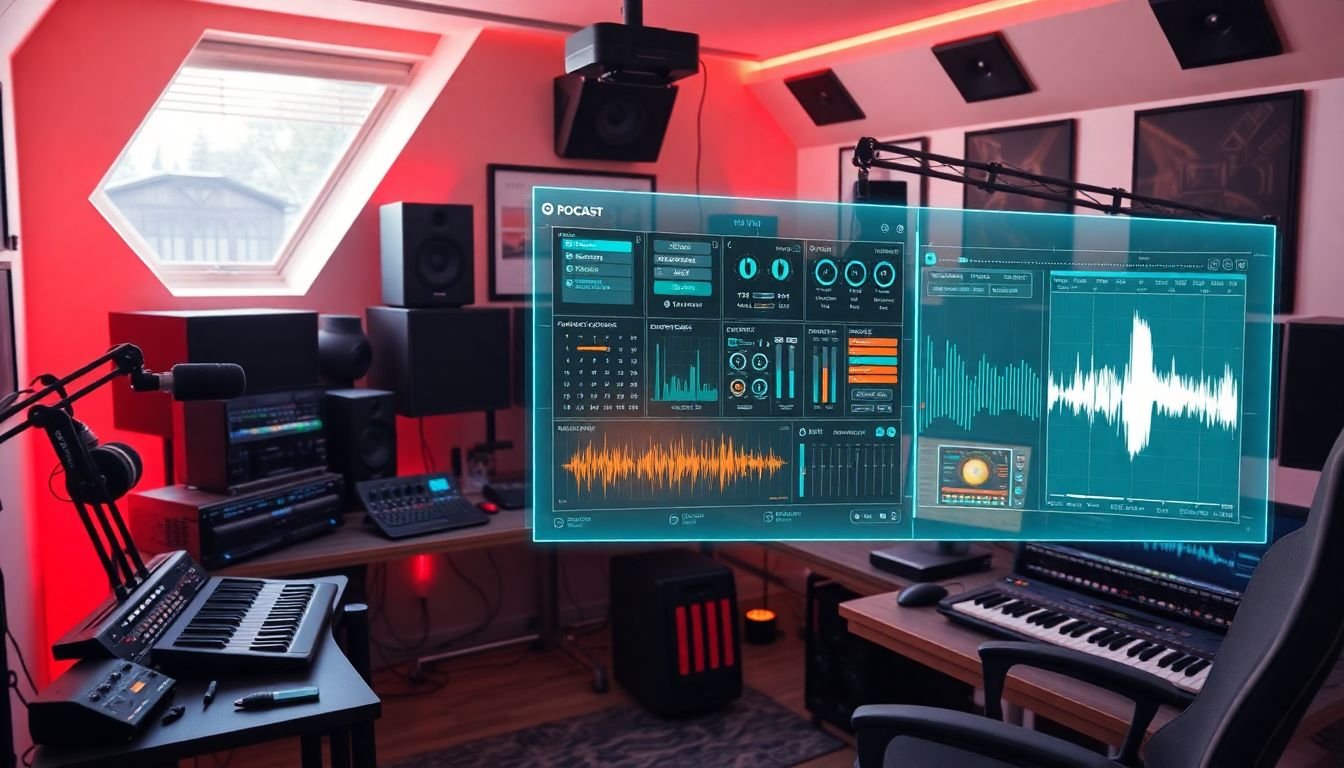 A futuristic home studio filled with cutting-edge podcasting equipment, with a holographic interface displaying advanced audio processing tools.