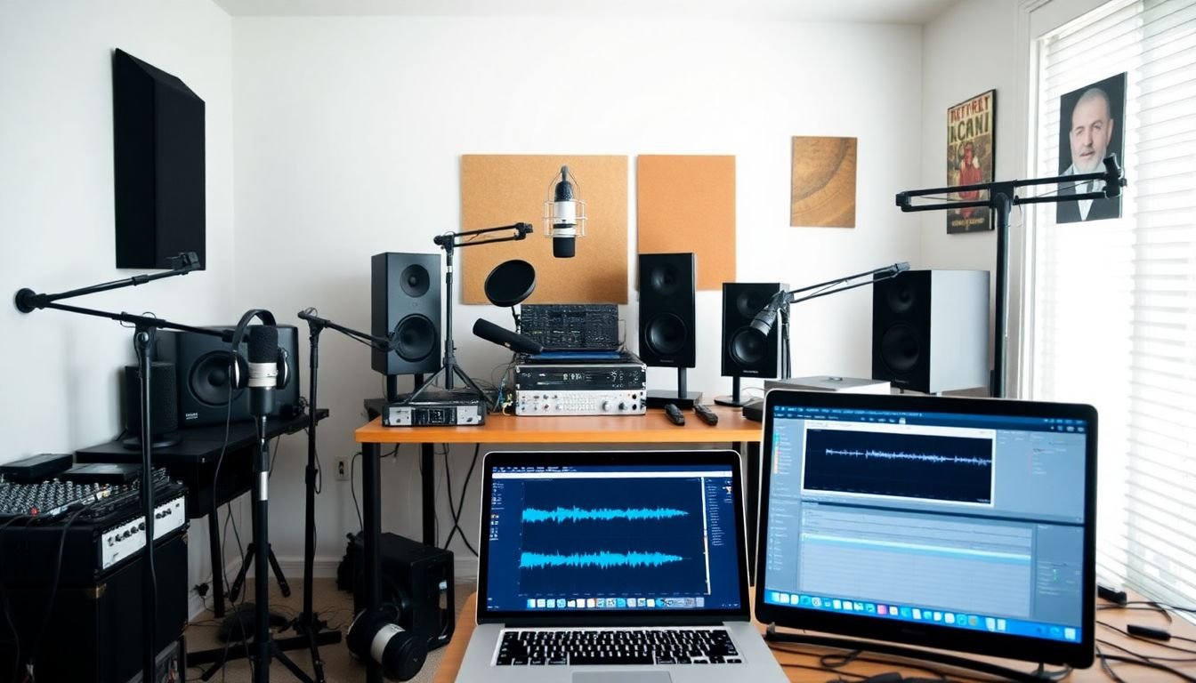 A well-lit home studio filled with various podcasting equipment, such as microphones, headphones, and audio interfaces, with a laptop open to production software in the foreground.