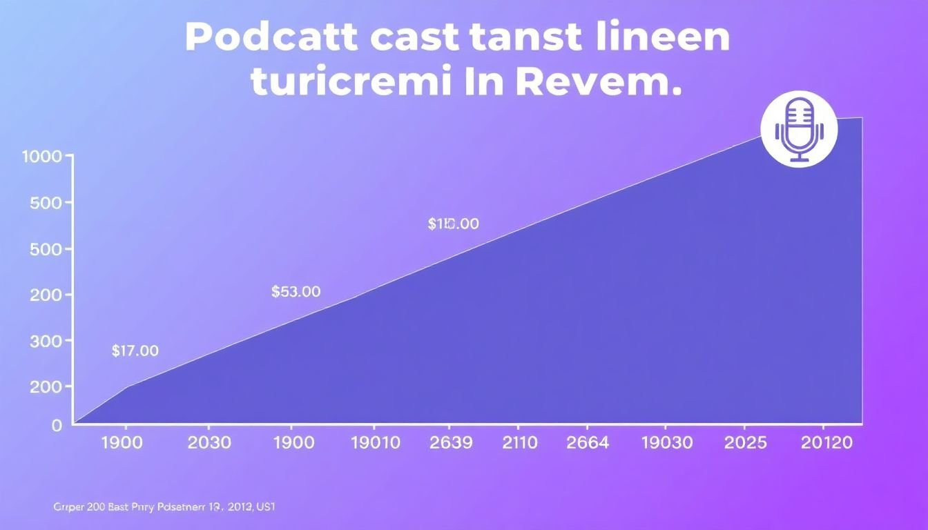 A graph showing the growth of podcast listeners and revenue over the years, with a podcast logo in the corner.