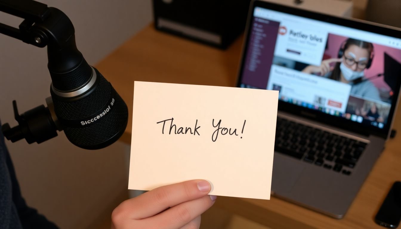 A podcaster holding a 'Thank You' note from a listener, with a laptop showing a successful Patreon page in the background.
