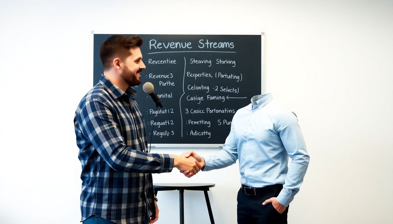 A podcaster shaking hands with a business partner, with a whiteboard listing various revenue streams and partnership opportunities.