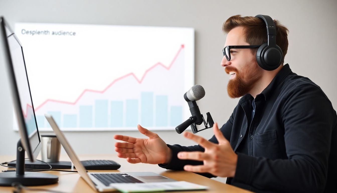 A podcaster interacting with listeners on social media, with a graph showing audience growth in the background.