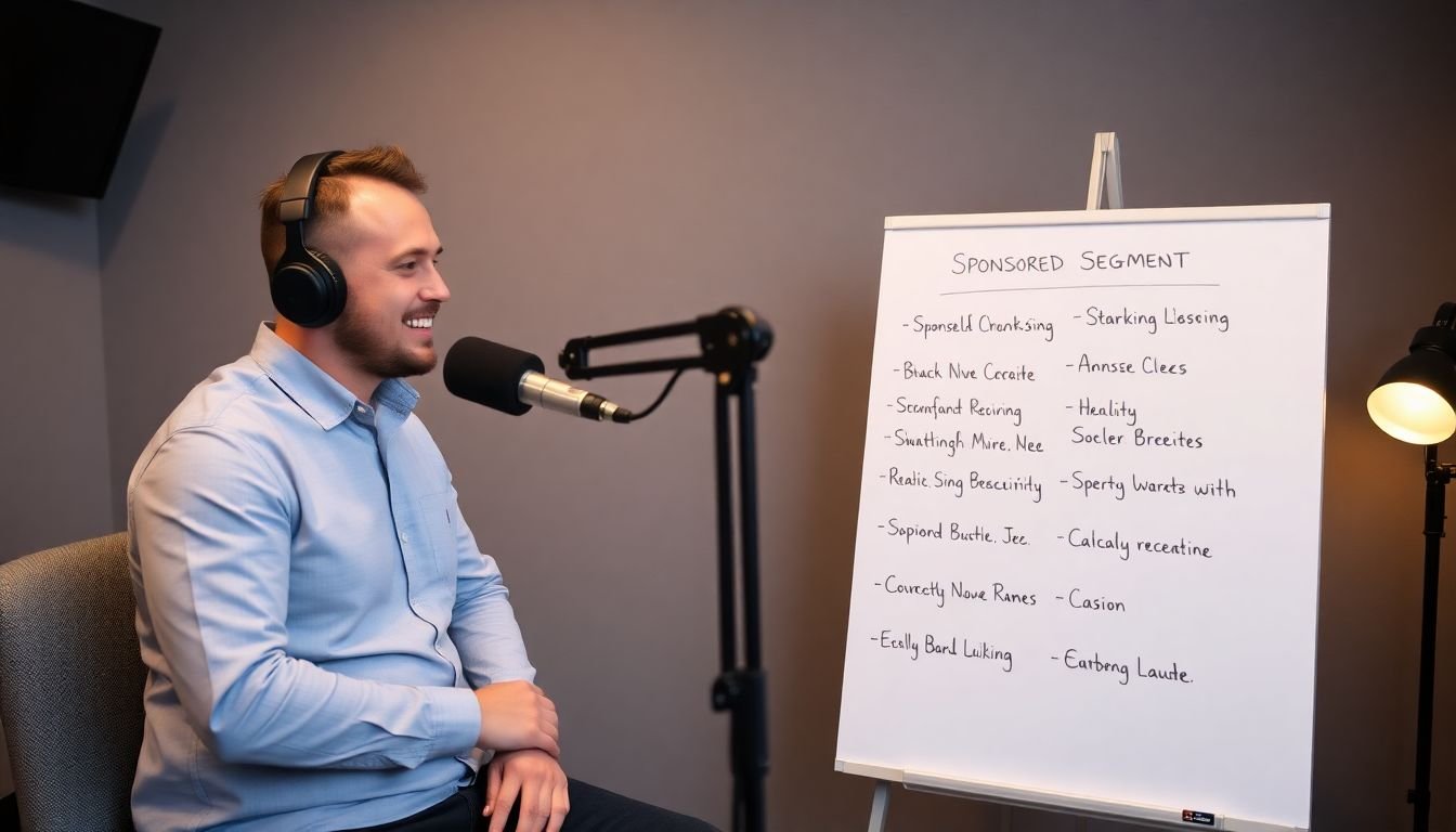 A podcaster recording a sponsored segment in a studio, with a whiteboard listing brand names and partnership details.