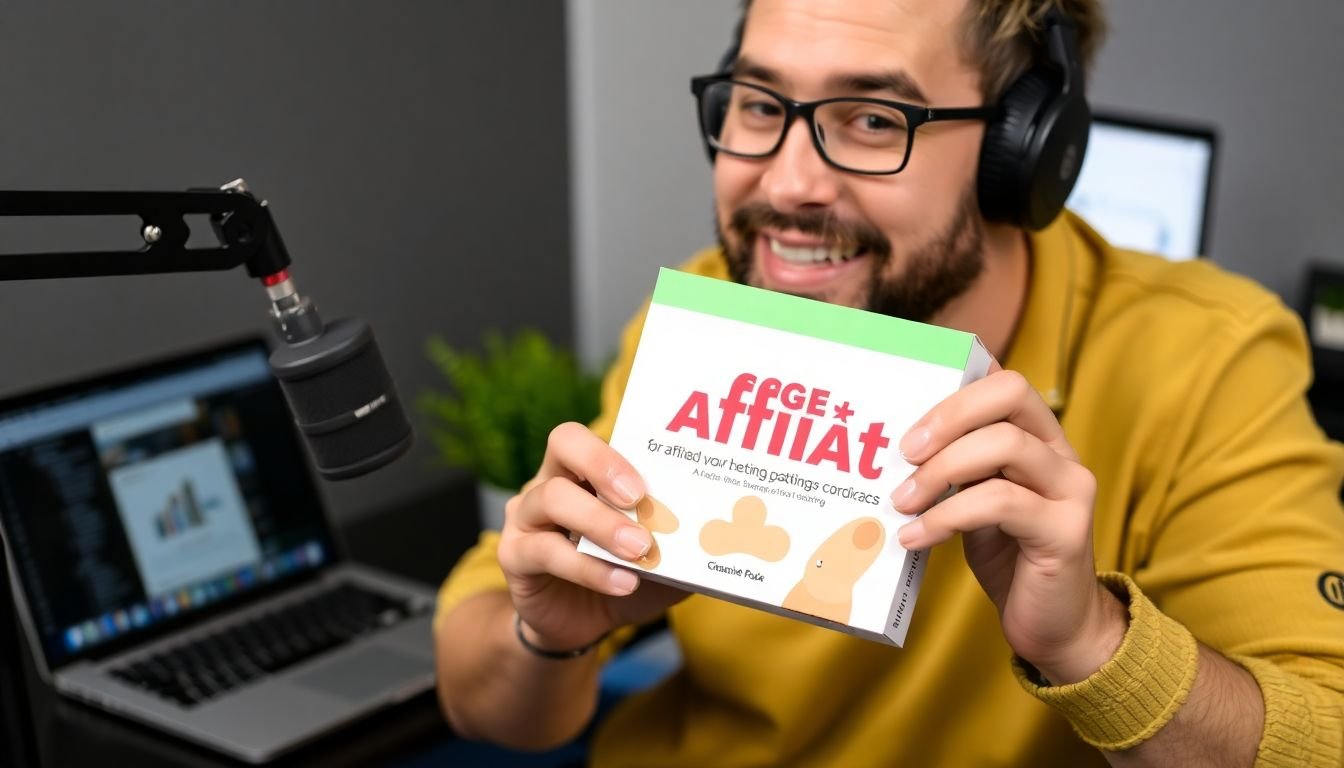 A podcaster holding a product they're promoting as an affiliate, with a laptop showing an affiliate marketing dashboard in the background.