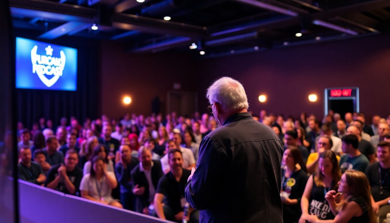 A podcaster on stage at a live event, with a sold-out crowd and a 'Sold Out' sign on the door.