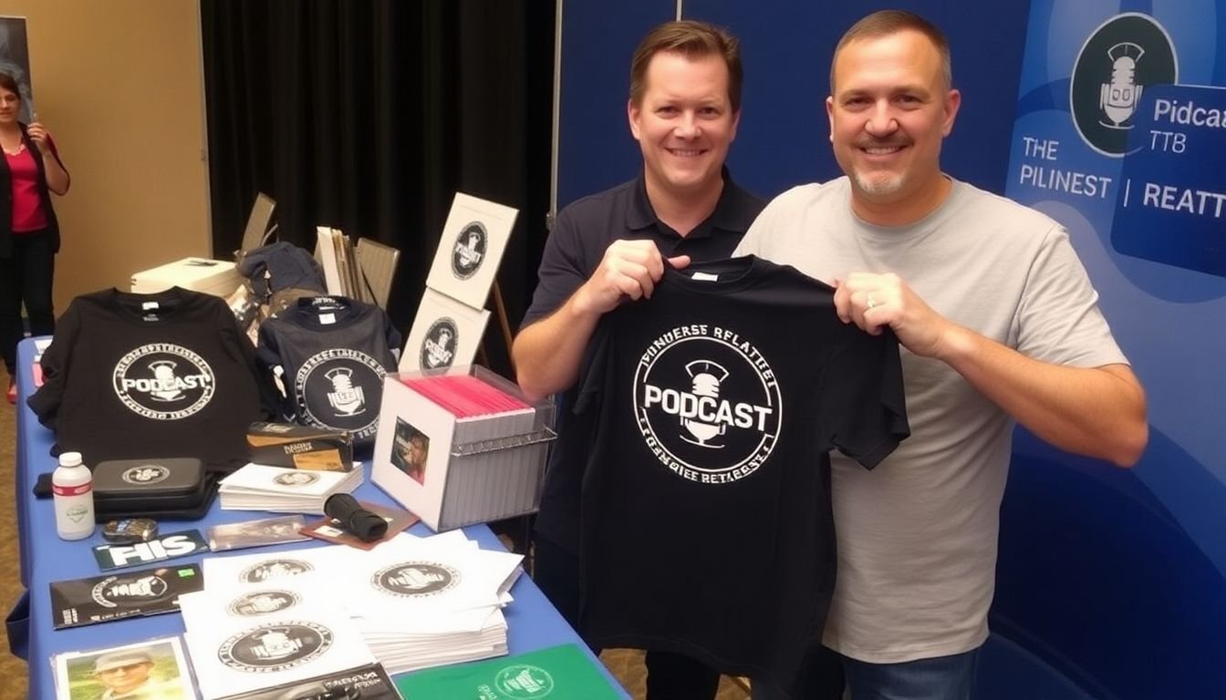A table filled with podcast merchandise, with a podcaster holding a t-shirt featuring the podcast logo.