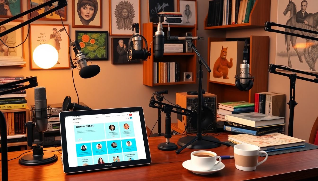 A vibrant podcast studio with a diverse range of microphones, headphones, and recording equipment, surrounded by books and artwork, with a laptop open to a website displaying various revenue models, and a cup of coffee on the side.
