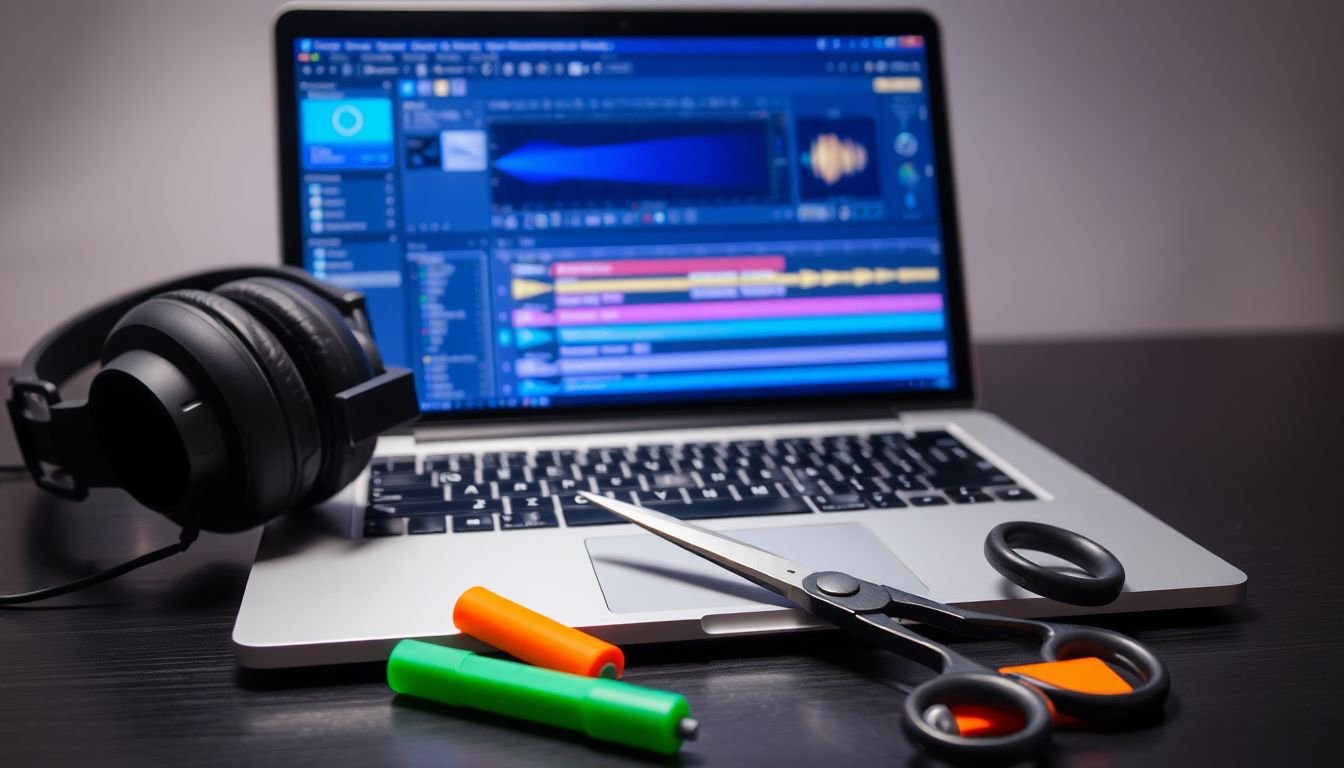 A pair of headphones and a laptop with audio editing software open, surrounded by scissors and a glue stick, symbolizing the editing process