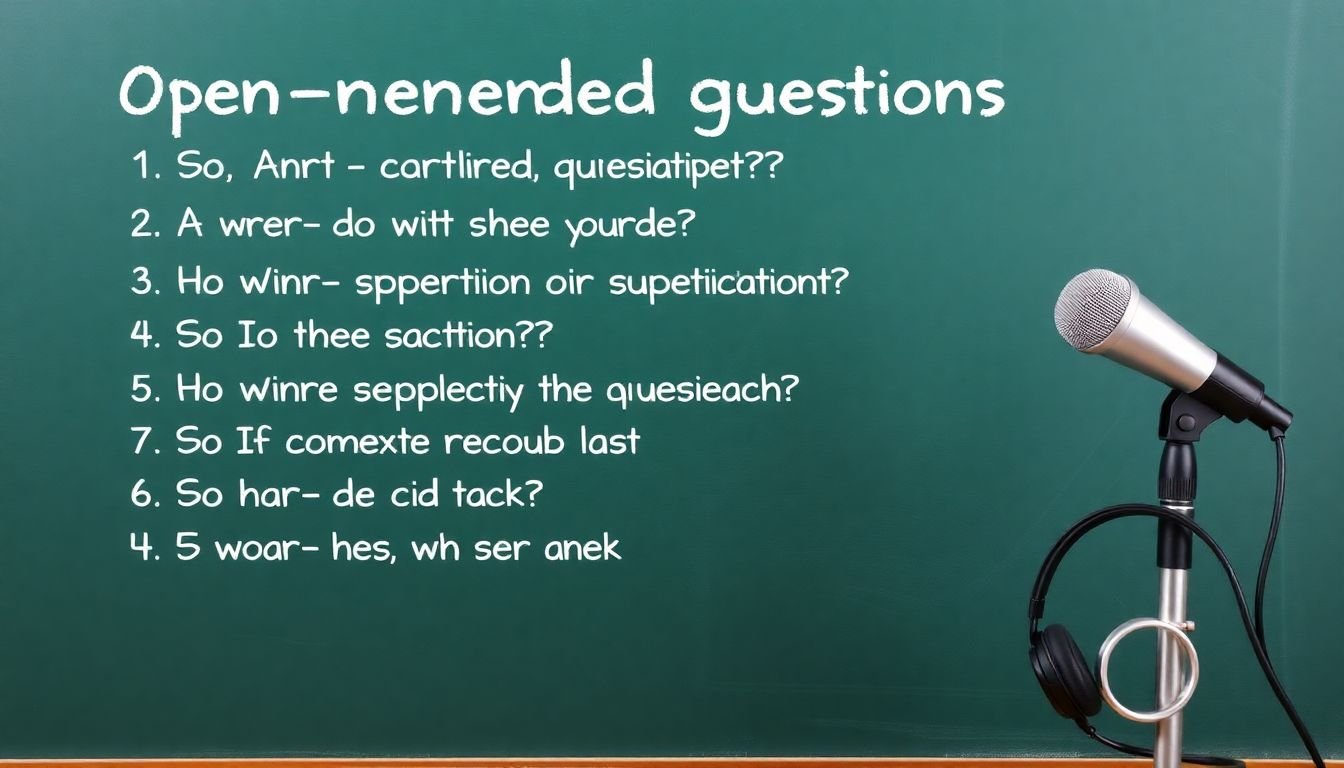 A list of open-ended questions written on a chalkboard, with a microphone and headphones nearby