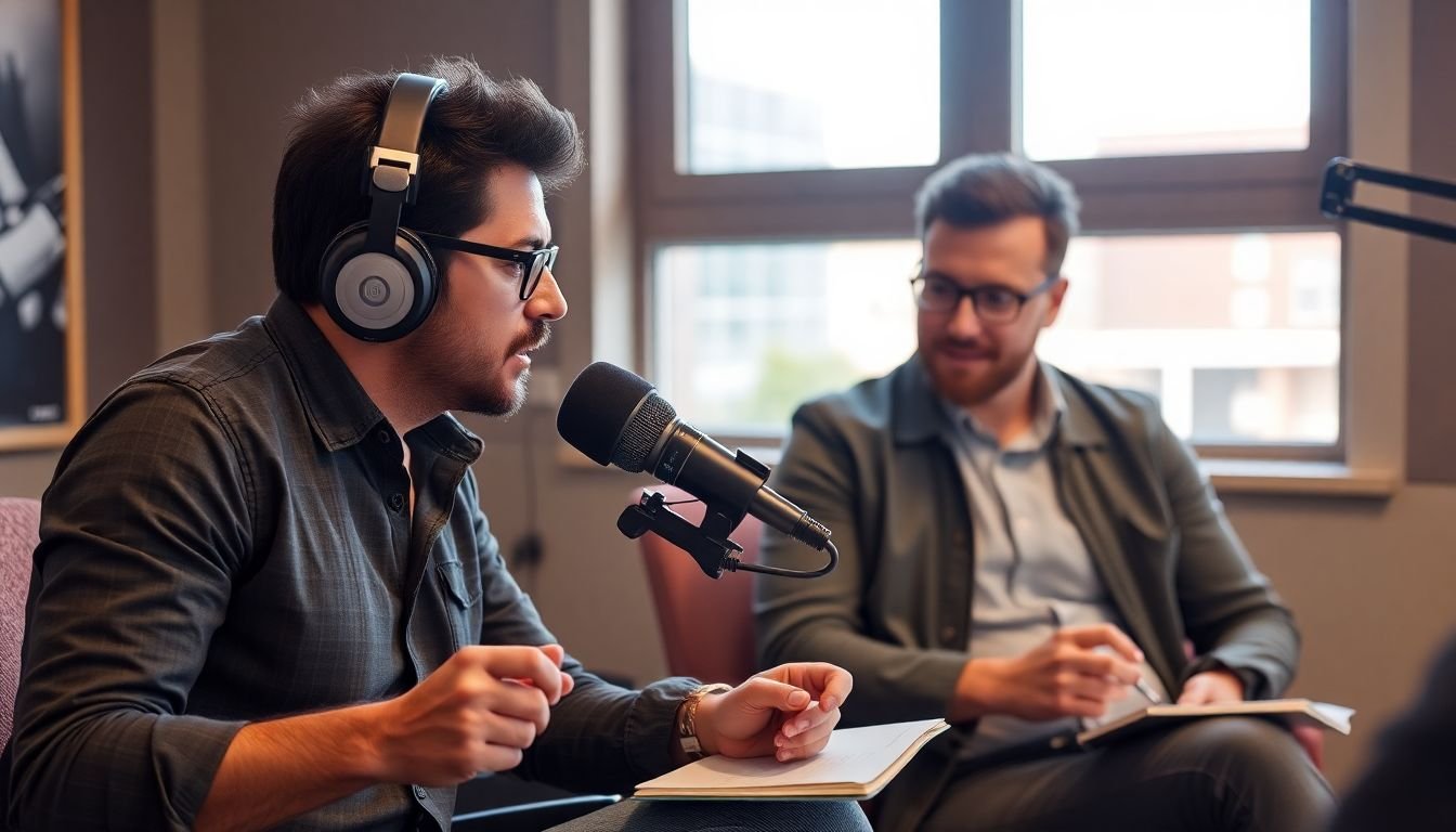 A podcast host leaning in, fully engaged, and taking notes while a guest speaks
