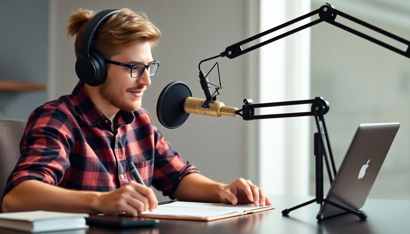 A podcast host reviewing a recording, taking notes, and making improvements, symbolizing the iterative process of learning and growth