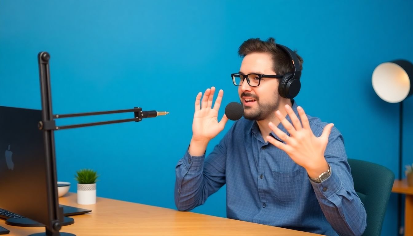 A podcast host using hand gestures to emphasize different tones of voice
