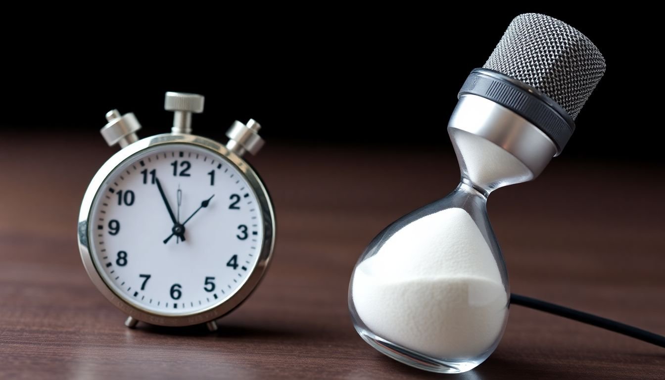 A stopwatch or hourglass with a microphone, symbolizing the passage of time and the importance of pauses in interviews