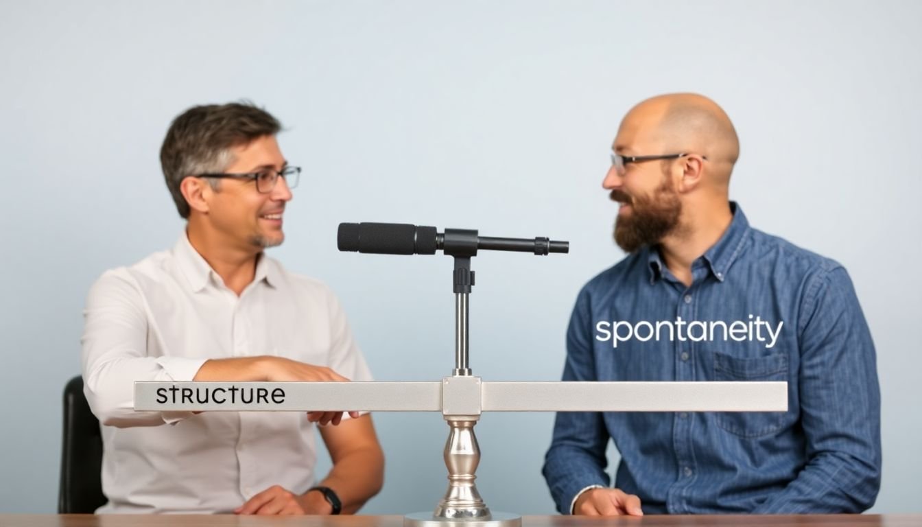 A scale with 'Structure' and 'Spontaneity' on either side, with a podcast host and guest engaged in a balanced conversation