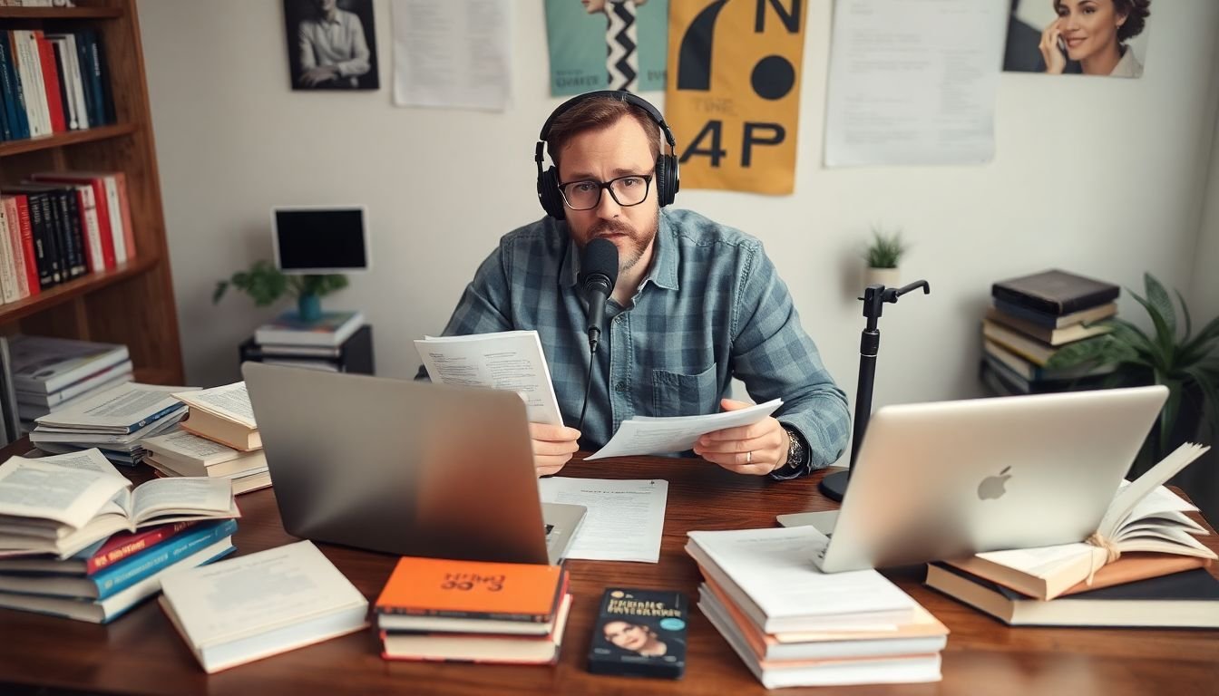 A podcast host surrounded by notes, books, and a laptop, eagerly preparing for an upcoming interview
