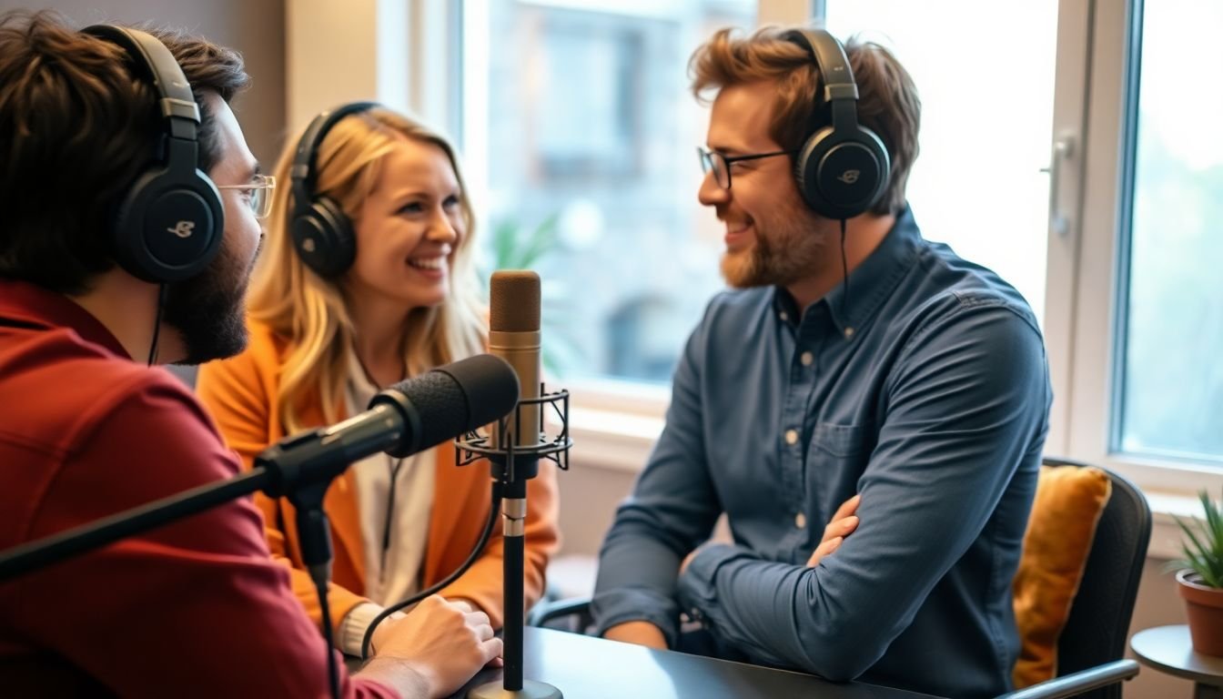 A captivating image of a podcast host and guest engaged in a lively conversation, with a microphone and headphones in the foreground, and a cozy, well-lit recording studio in the background.