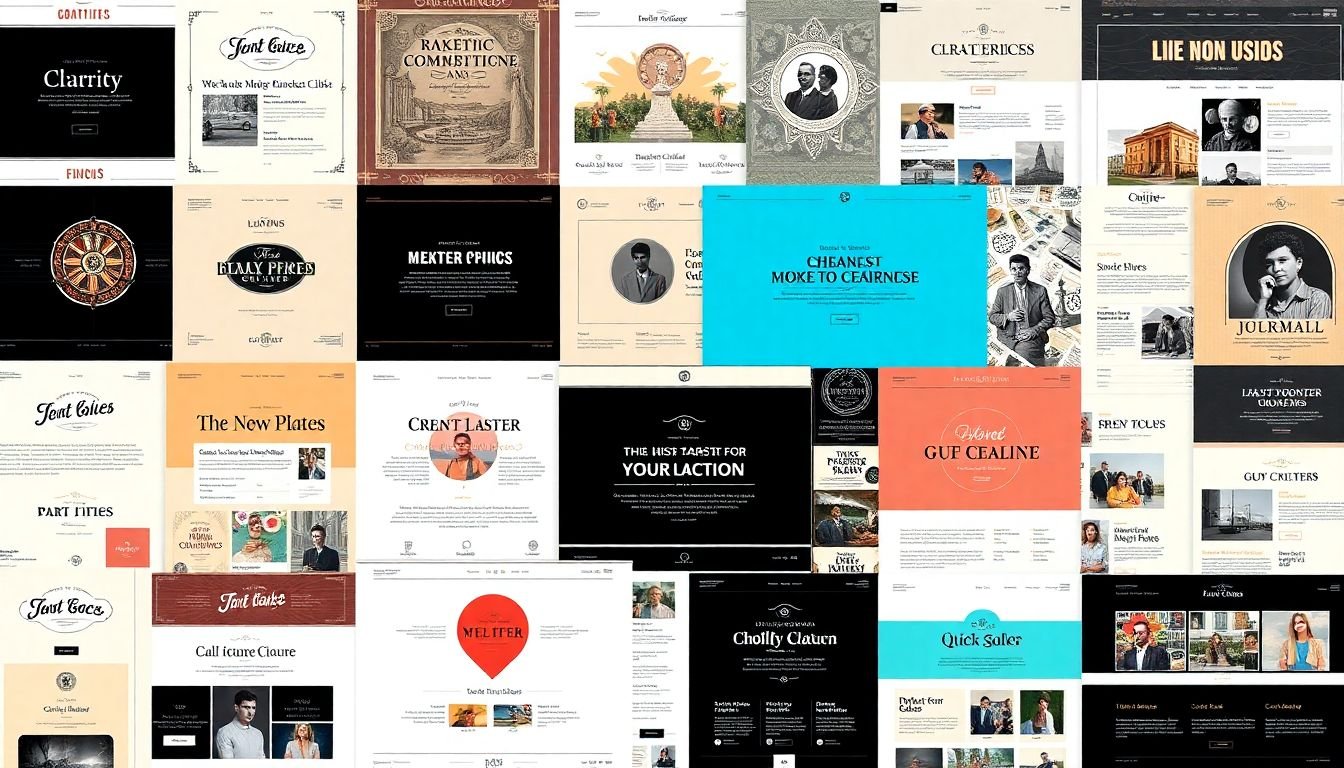 A collage of classic print and web layout designs, ranging from vintage to modern.