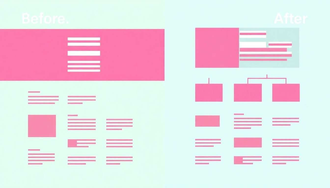 A before-and-after comparison of a layout with and without a clear visual hierarchy.