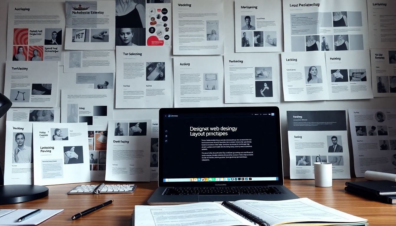 A designer's workspace filled with print and web design mockups, showcasing various layout principles in action, with a laptop and a sketchbook in the foreground.