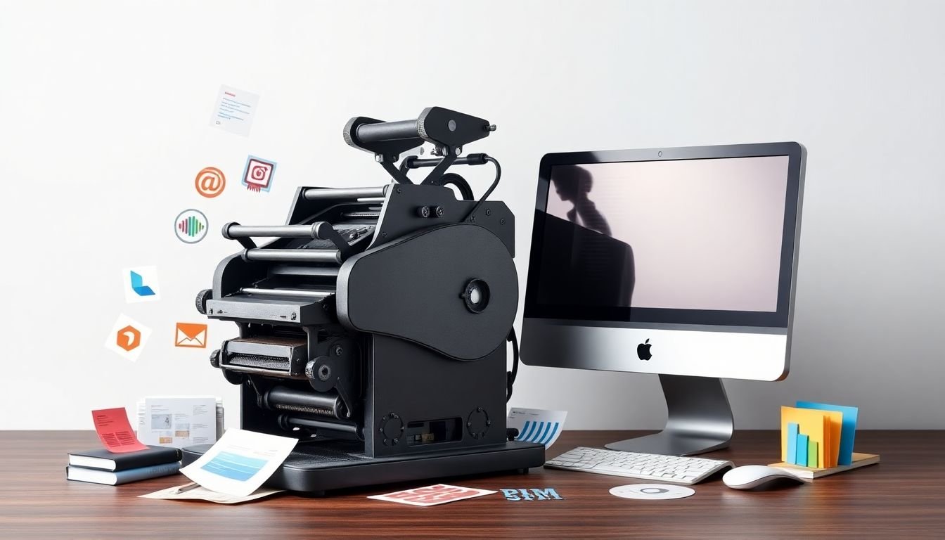 A vintage printing press standing beside a sleek, modern computer, with graphic design elements from different eras scattered around them, symbolizing the evolution of graphic design from print to digital.