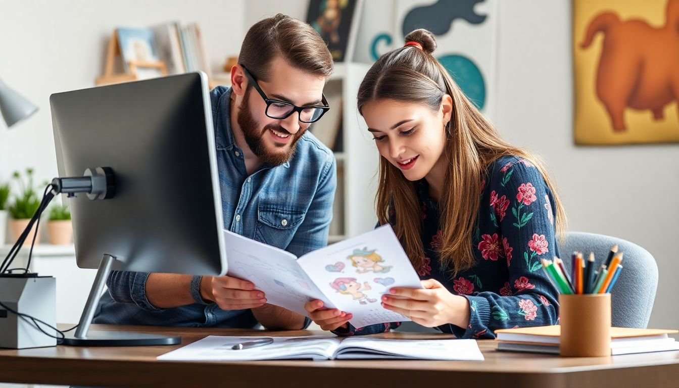 A graphic designer and an illustrator working together, with a successful project result.