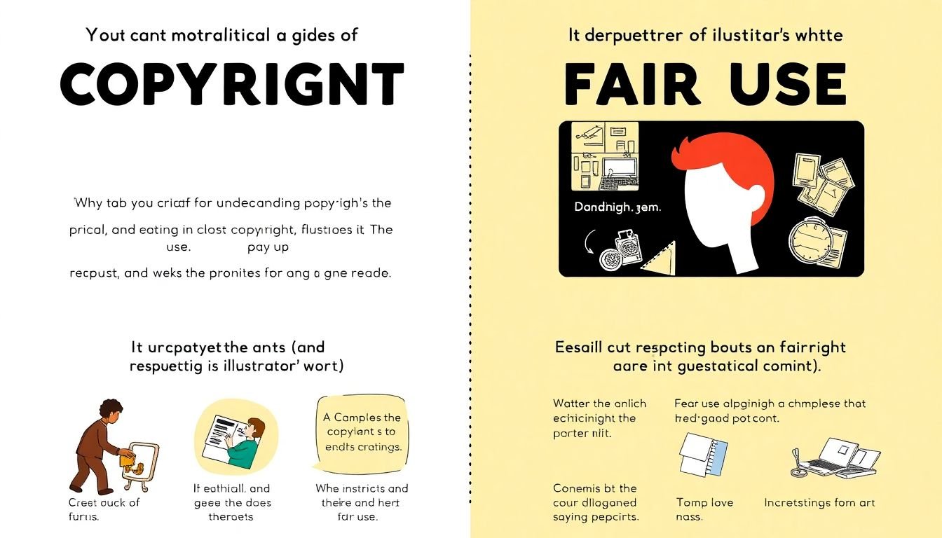 A visual guide to understanding copyright, fair use, and respecting illustrators' work, with examples of ethical and unethical practices.