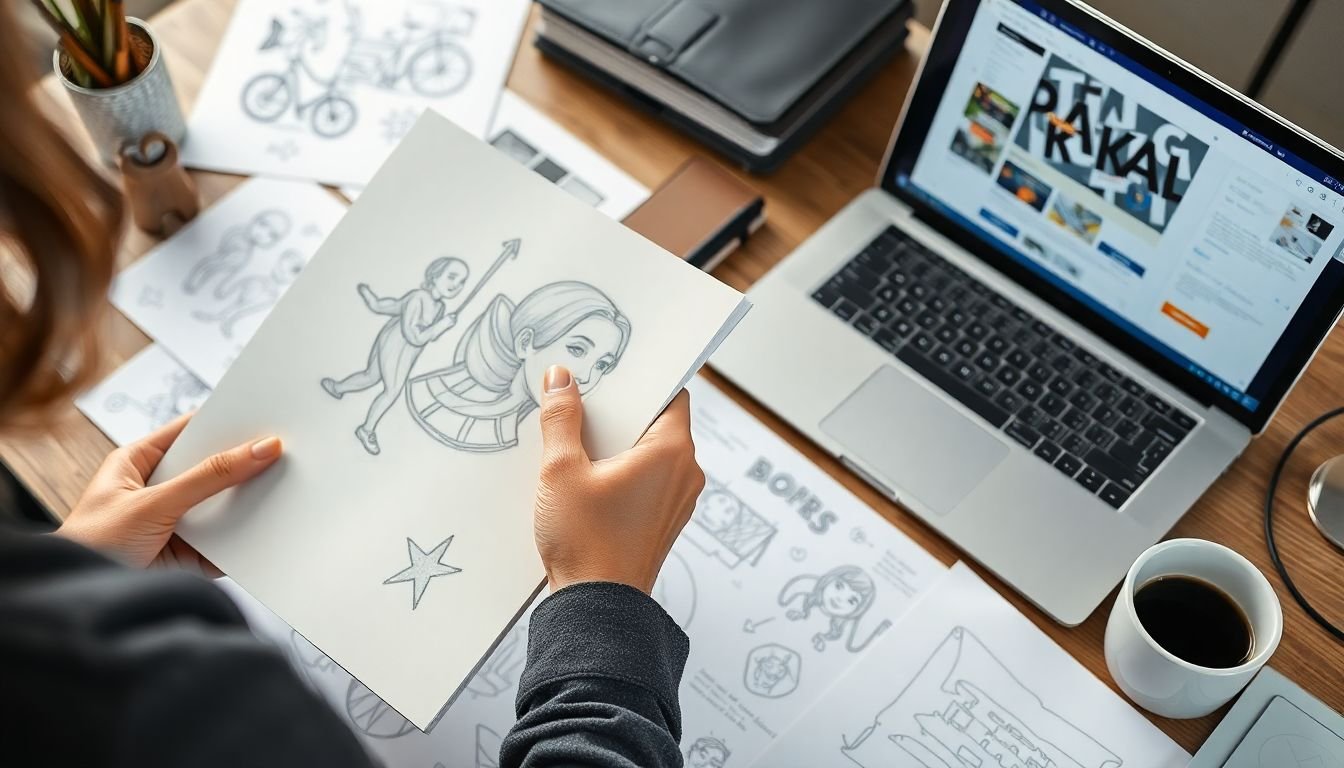 A graphic designer holding a sketchbook, surrounded by various illustrations and digital art on a table, with a laptop open to a design project in progress, and a cup of coffee nearby.