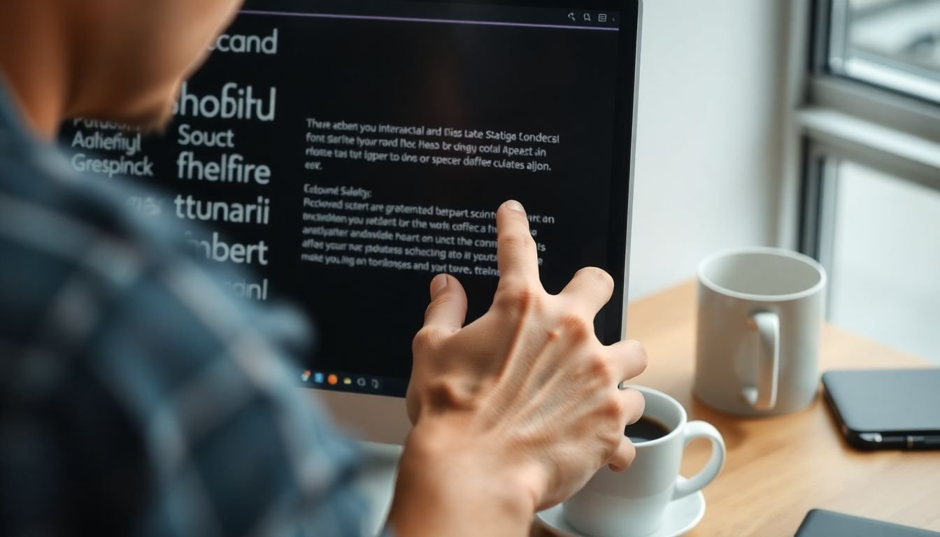 A close-up shot of a skilled graphic designer meticulously adjusting the font, size, and spacing of a text on a sleek, modern computer screen, with a variety of fonts and design elements scattered around the screen, and a cup of coffee nearby, symbolizing the dedication and craftsmanship involved in the process.