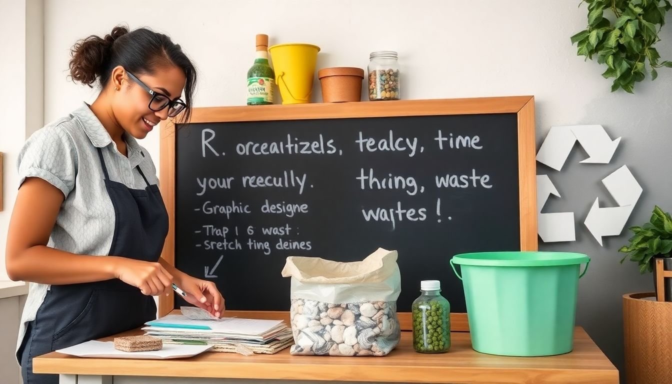 A graphic designer organizing and recycling materials, with tips on reducing waste written on a chalkboard.