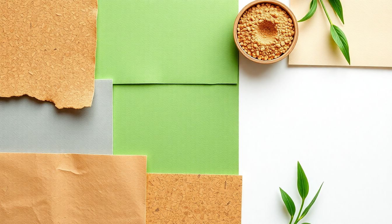 A collage of eco-friendly materials like recycled paper, cork, and bamboo, with a mockup of a sustainable design project.