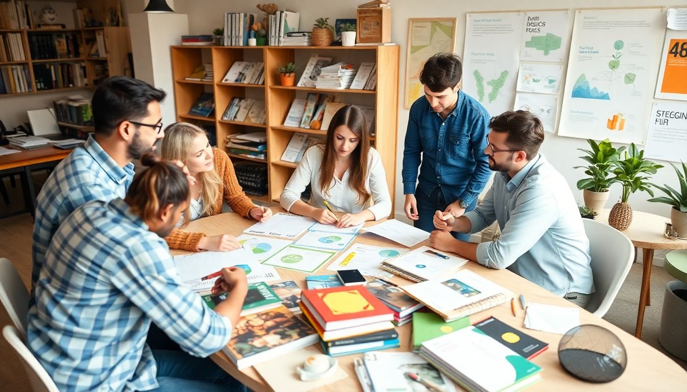 A group of designers brainstorming sustainable design ideas, surrounded by books, posters, and other educational materials.