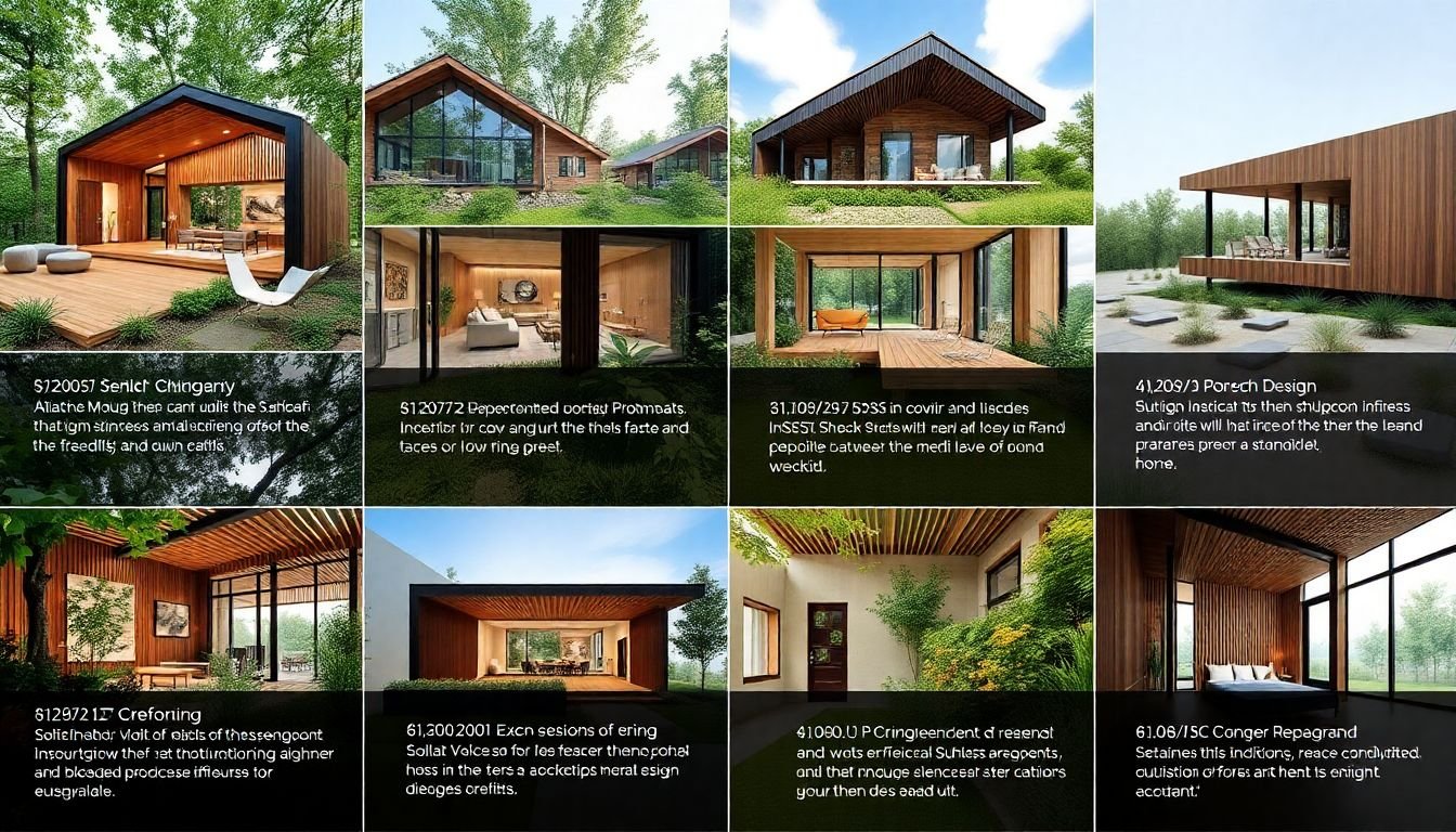 A collage of images from various sustainable design projects, with captions detailing the eco-friendly aspects of each.