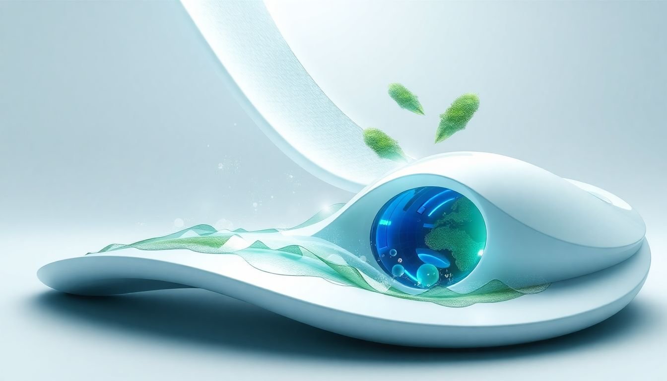 A futuristic design concept showcasing innovative, eco-friendly materials and technologies in graphic design.