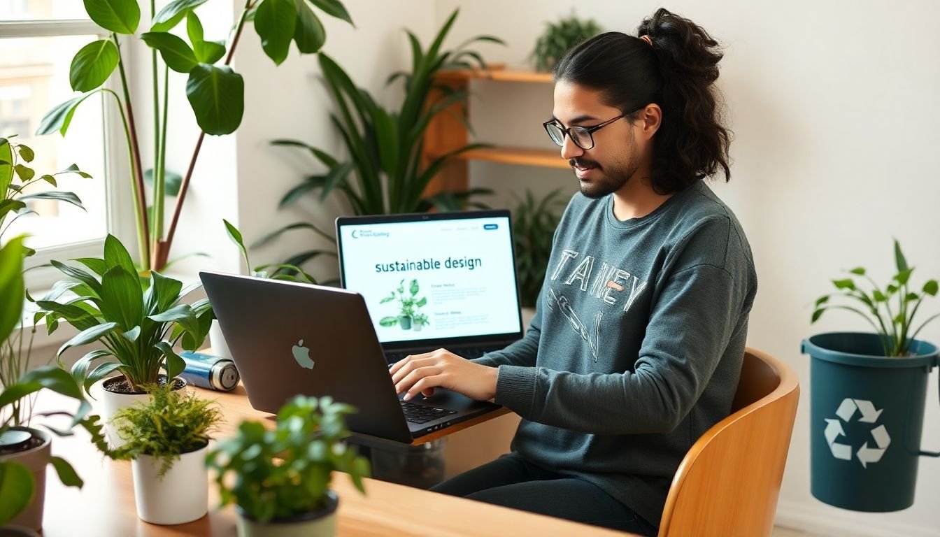 A graphic designer sitting at a desk, surrounded by plants, working on a laptop with a sustainable design project open, and a recycling bin nearby.