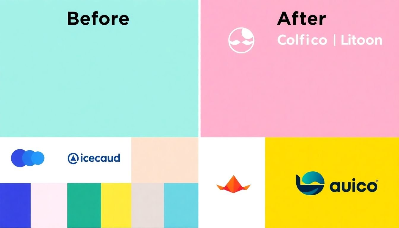 Before-and-after images of successful brand rebrands, showcasing their new color palettes and updated logos.