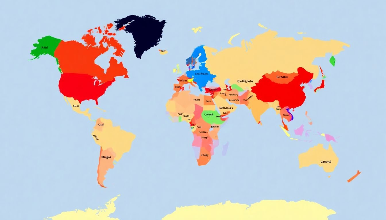 A world map with various countries colored according to their dominant cultural color symbolism.