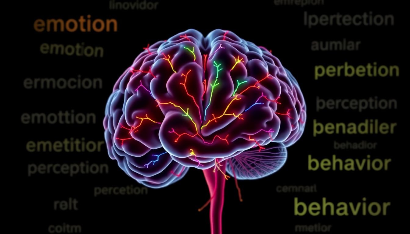 A brain with colorful neural connections, surrounded by words like 'emotion', 'perception', and 'behavior'.