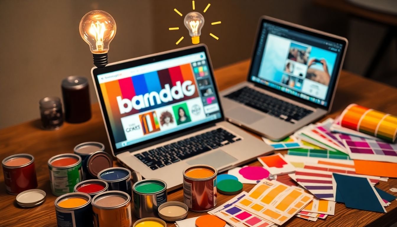 A vibrant palette of paint cans and color swatches scattered on a table, with a laptop open to a branding design software, and a lightbulb moment happening above a creative professional's head.