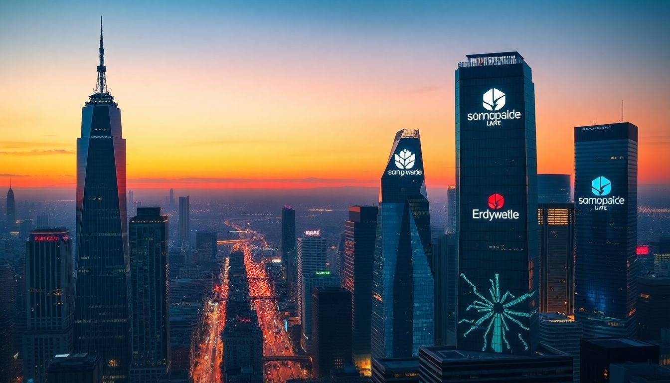 A vibrant, futuristic cityscape at dusk, with small businesses' logos projected onto skyscrapers, symbolizing their transformed presence in the 2024 market.