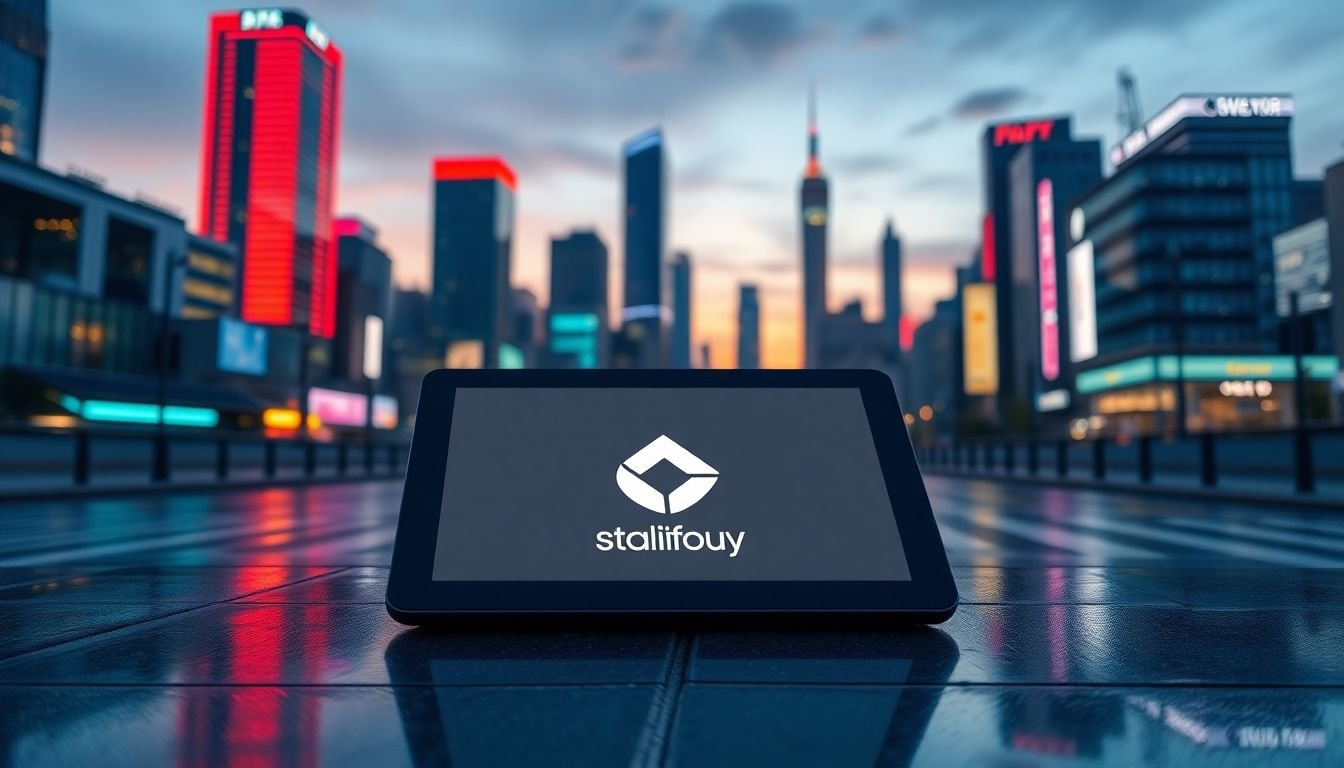 A futuristic cityscape at dusk, with neon lights reflecting on wet streets. In the foreground, a designer's tablet displays a sleek, minimalist logo, symbolizing the intersection of technology and creativity in the digital branding landscape of 2024.