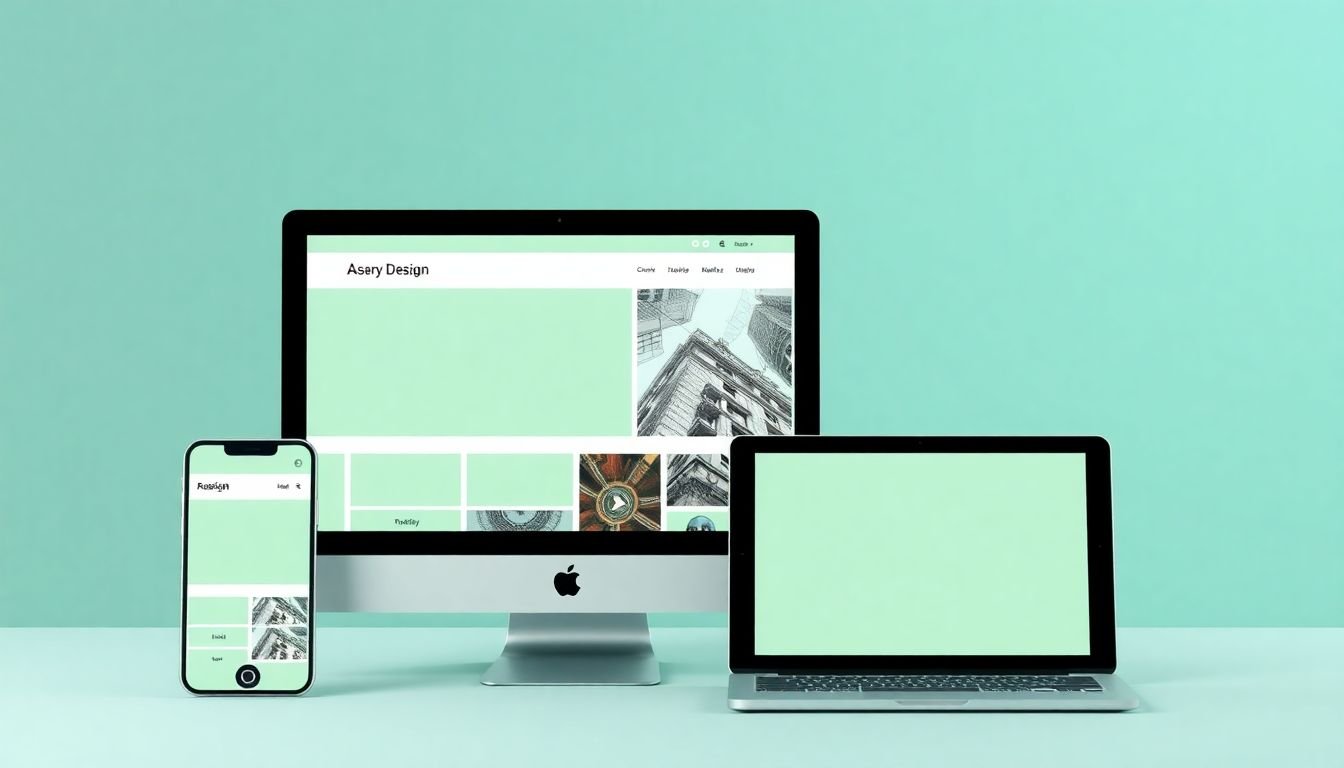 A responsive design layout showing a website or app adapting its layout to fit different screen sizes and orientations