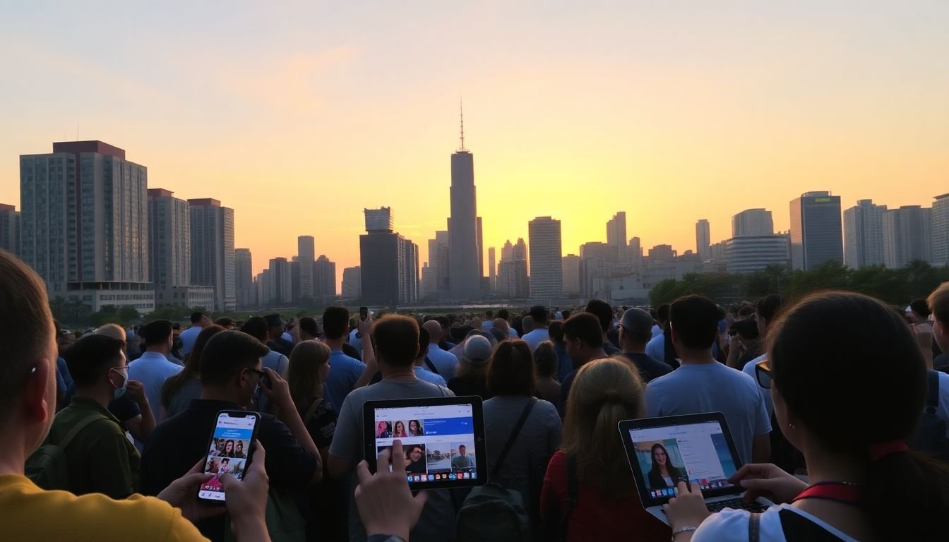 A busy cityscape at sunset, with people using various devices - smartphones, tablets, laptops - each device displaying a different platform (Instagram, Facebook, Twitter, TikTok, etc.)