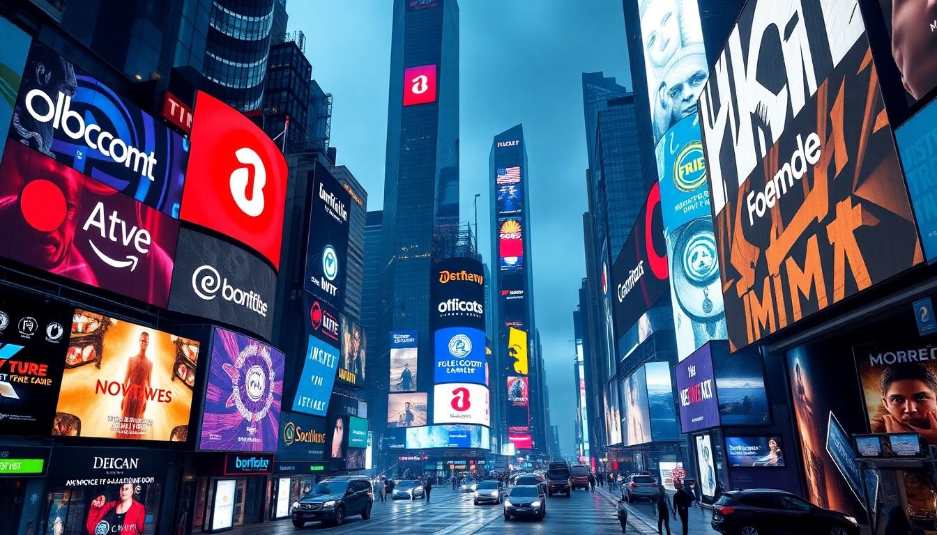 A futuristic cityscape with fluid, ever-changing brand logos and marketing materials projected onto buildings and screens