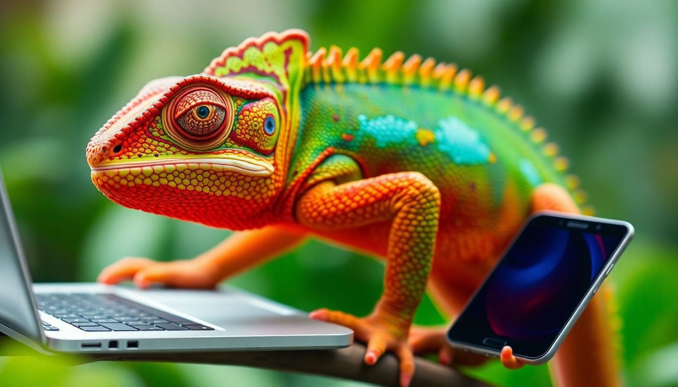 A dynamic image of a chameleon changing color to match its surroundings, with a laptop and smartphone subtly incorporated, symbolizing adaptability in the digital world.