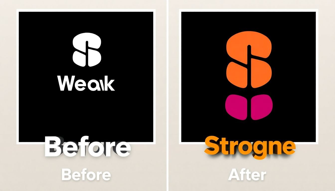 A before-and-after comparison of a weak logo transformed into a strong, well-designed one.