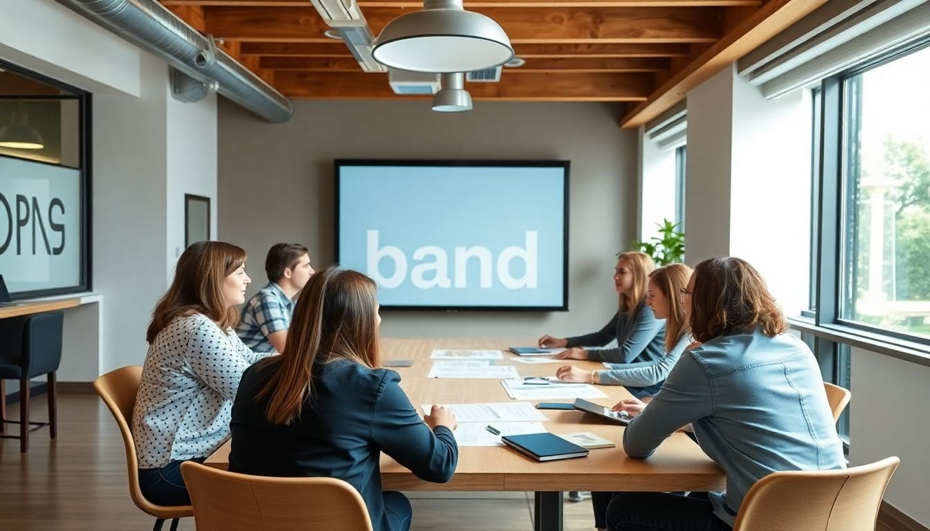 A team meeting or workshop focused on reviewing and understanding the brand guidelines.