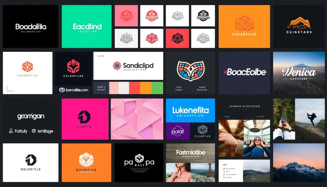 A mood board featuring various logo designs, color swatches, font samples, and image styles.